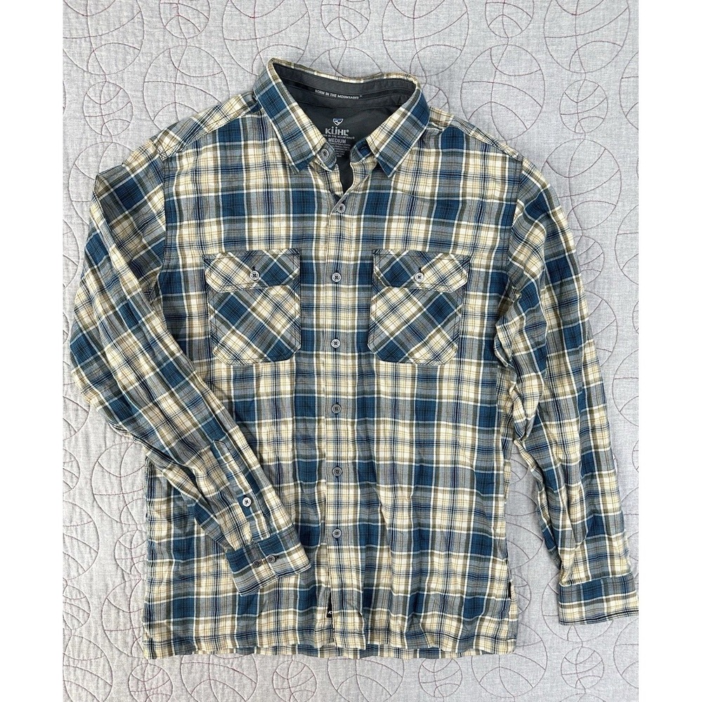 Kuhl Blue Yellow Flannel Dillingr Plaid Button Long Sleeve Shirt / Men's Medium